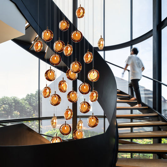 Colored round glass staircase chandelier